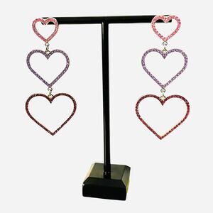 Sparkly Triple Hearts Pink Purple Red Rhinestone Dangle Earrings